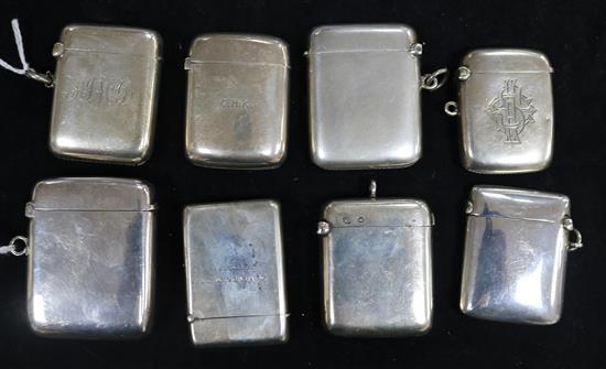 Eight plain silver vesta cases, five initialled, one inscribed In Memoriam of Dartmouth 1888, 7.2oz